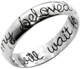 STERLING SILVER CURSIVE "I WILL WAIT FOR MY BELOVED" CHRISTIAN PURITY RING STYLE 481. "I will wait for" ON THE INSIDE OF THE BAND, AND "my beloved" ON THE OUTSIDE OF BAND. Wear this ring proudly to declare your true love waits!