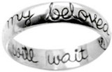 STERLING SILVER CURSIVE "I WILL WAIT FOR MY BELOVED" CHRISTIAN PURITY RING STYLE 481. "I will wait for" ON THE INSIDE OF THE BAND, AND "my beloved" ON THE OUTSIDE OF BAND. Wear this ring proudly to declare your true love waits!