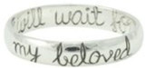STERLING SILVER CURSIVE "I WILL WAIT FOR MY BELOVED" CHRISTIAN PURITY RING STYLE 481. "I will wait for" ON THE INSIDE OF THE BAND, AND "my beloved" ON THE OUTSIDE OF BAND. Wear this ring proudly to declare your true love waits!