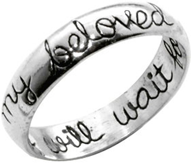STERLING SILVER CURSIVE "I WILL WAIT FOR MY BELOVED" CHRISTIAN PURITY RING STYLE 481. "I will wait for" ON THE INSIDE OF THE BAND, AND "my beloved" ON THE OUTSIDE OF BAND. Wear this ring proudly to declare your true love waits!