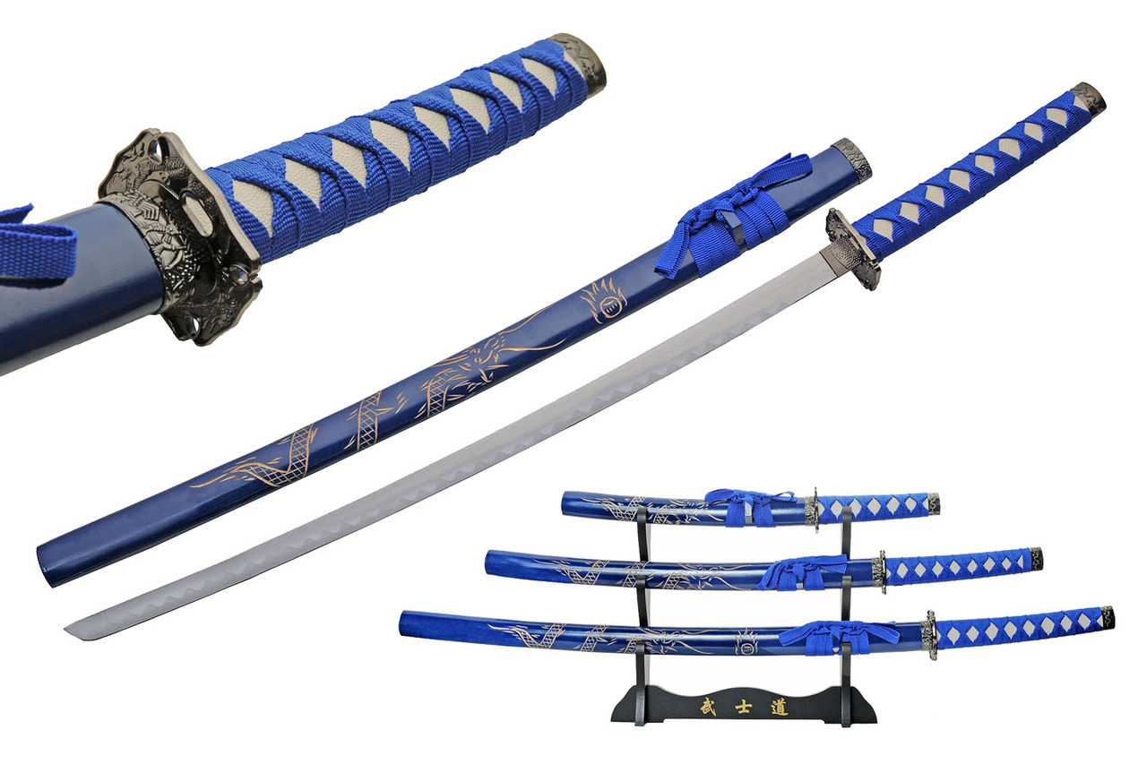 3 PC BLUE DRAGON KATANA SET - Warrior Emporium