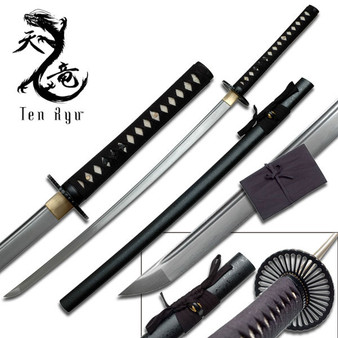 Ten Ryu HAND FORGED SAMURAI SWORD ( BLACK SPLATTER SCABBARD)
