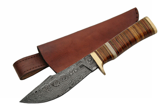 9.5" DAMASCUS LEATHER STACKED BOWIE