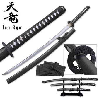 Ten Ryu HAND FORGED SAMURAI SWORD (Black Blood Groove)