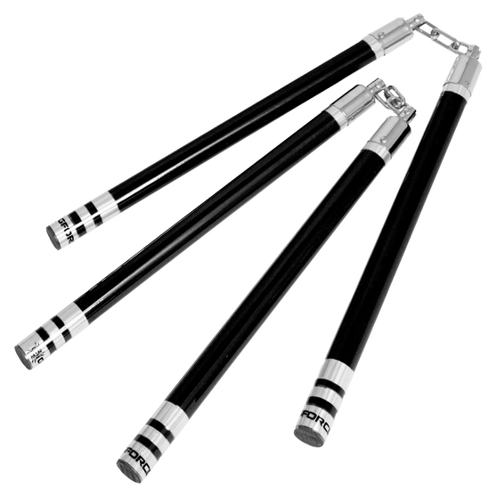 These chucks are made of ultra-light wood and feature the "Next Gen" of color chrome design. Built for demonstration only. Not recommended for fighting, for the nunchaku may be damaged upon contact with another object. Nunchakus are 11-1/2" long and have a 3/4" diameter. A 1-1/2" ball bearing swivel with a 2-3/4"