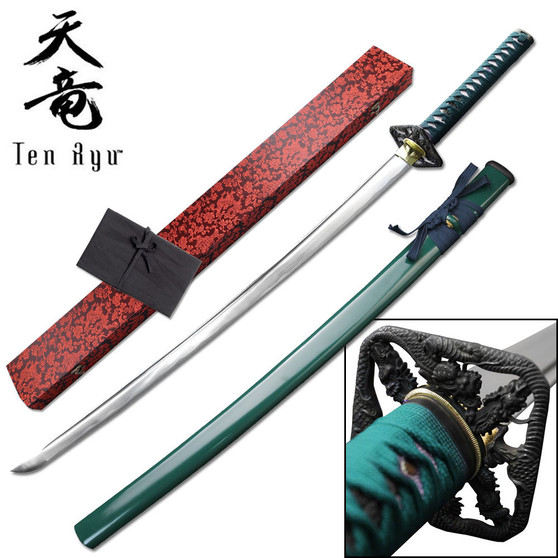Ten Ryu HAND FORGED SAMURAI SWORD (Green Cord)