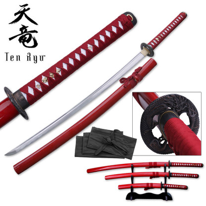 Ten Ryu 41 Hand Forged Carbon Steel Samurai Sword w/ Black Lacquer  Scabbard