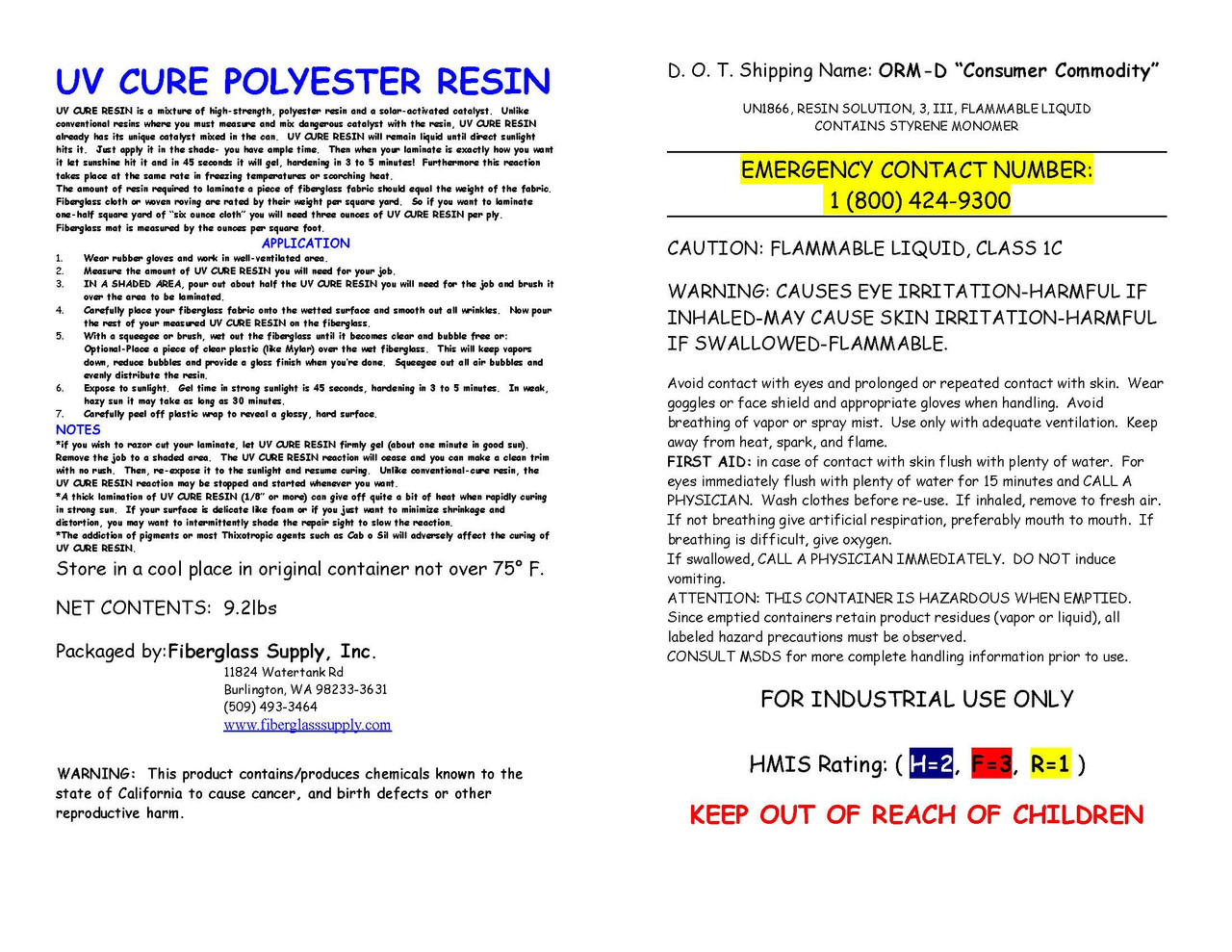 Gallon, UV Cure Polyester Resin - Fiberglass Supply