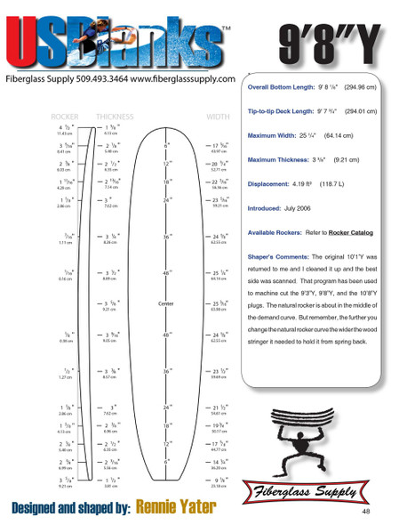 9'8"Y US Blanks, Blue, 2x 1/8" Bass 1-1/8" Apart, Natural Rocker