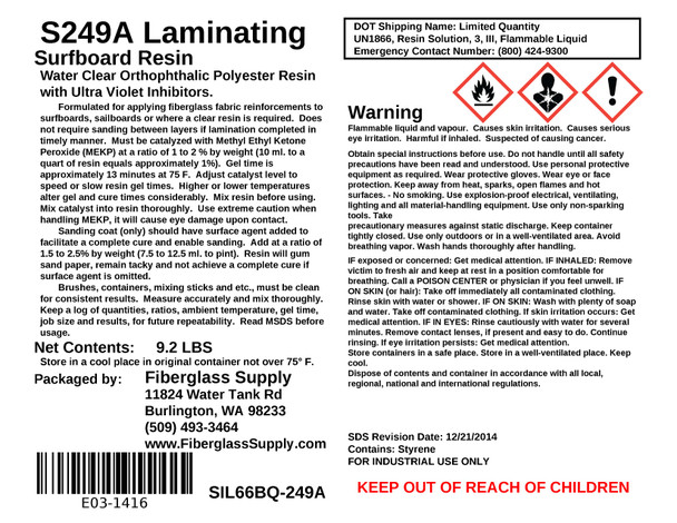 Gallon, S249A Surfboard Laminating Resin