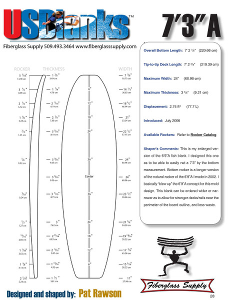 7'3" A US Blanks, Yellow, Black 1/8" Appelcore Stringer, Natural Rocker