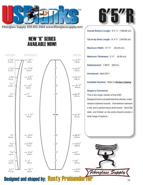 6'5"R US Blanks. Blue, 4mm Ply, Natural Rocker