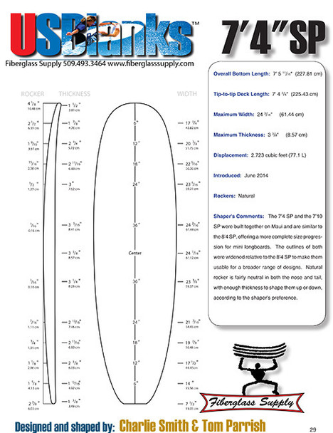 7'4"SP US Blanks, Blue, 2x 3/32" Bass 1-1/8" Apart, Natural Rocker