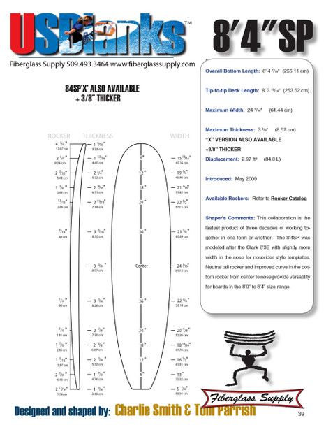 8'4"SP US Blanks, Blue, Triple Stringer 3/16"Bass +2x 1/8"Bass 5.5"offset, Natural Rocker