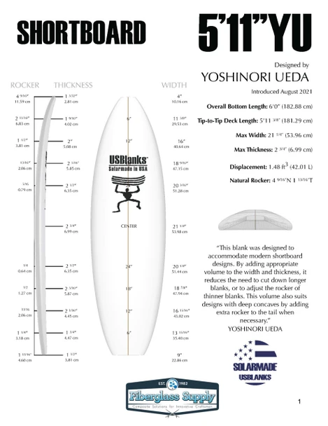 5'11"YU US Blanks, Yellow, 2x Black 3-Ply Appelcore 0.5" apart, Natural Rocker