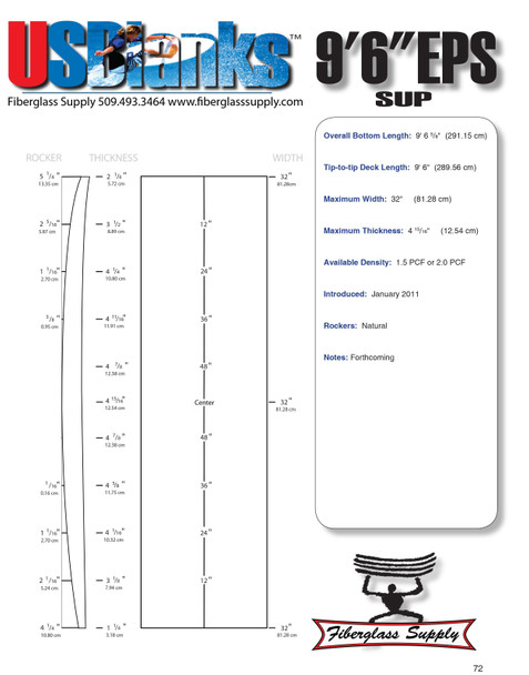 9'6" SUP Hotwired EPS Blank, 1/8" Bass, A-rocker