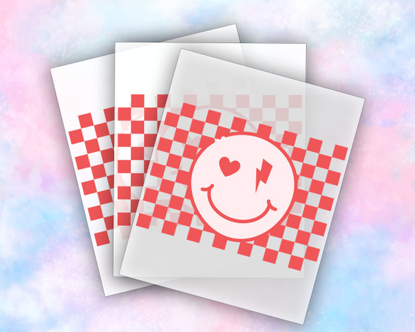 Checkerboard Smiley Face, Ready to Press Transfer, Heart and Lightning Bolt Eyes, Valentines Day Transfer, DTF