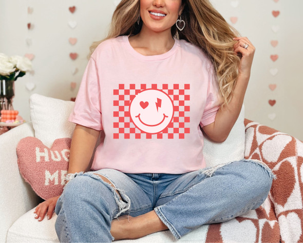 Checkerboard Smiley Face, Ready to Press Transfer, Heart and Lightning Bolt Eyes, Valentines Day Transfer, DTF