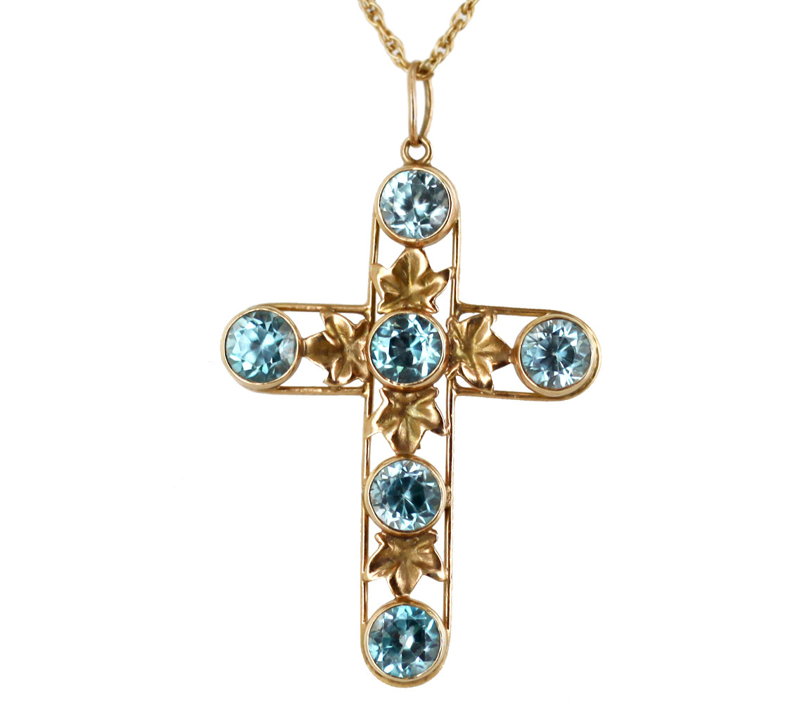 Antique Deco Rare 14k Gold Mine Cut Genuine 7+cttws Blue Zircon Cross Pendant 24