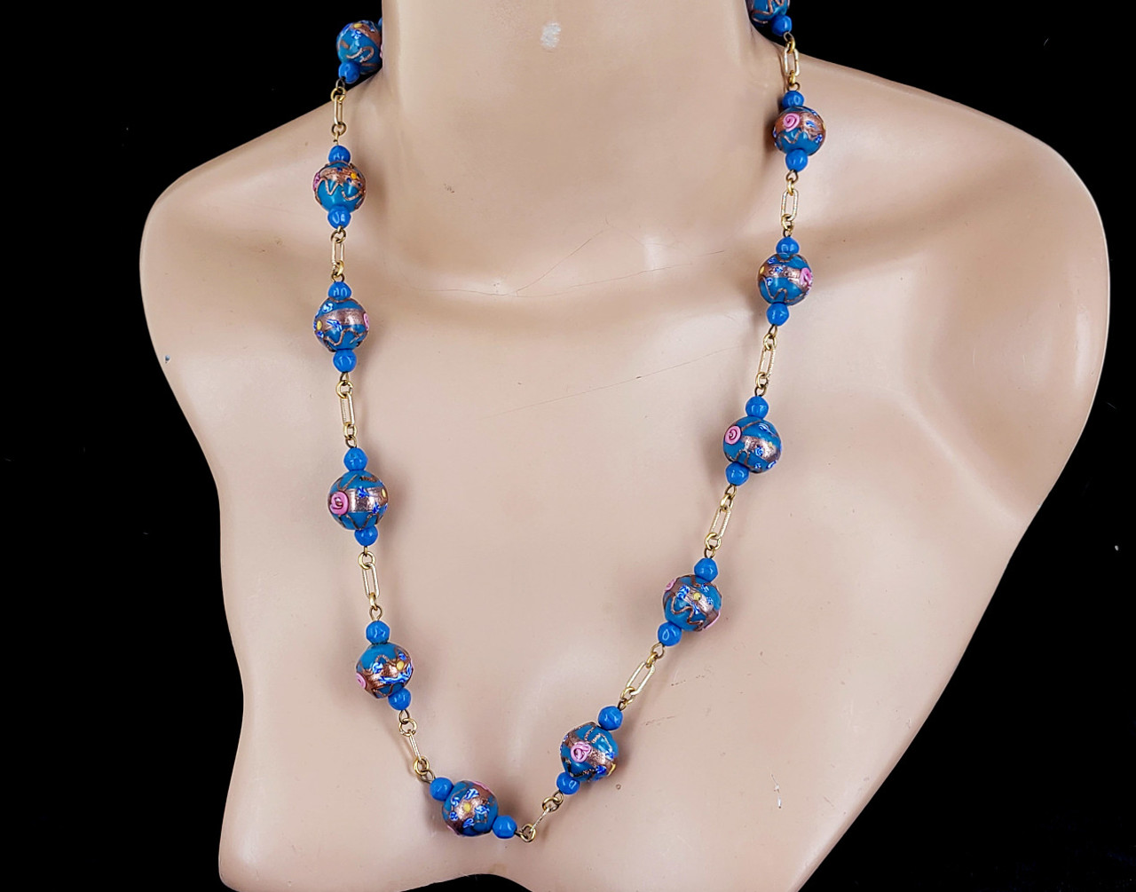 Antique 1920s Gold Toned Blue Wedding Cake Venetian Glass Bead Necklace 25”