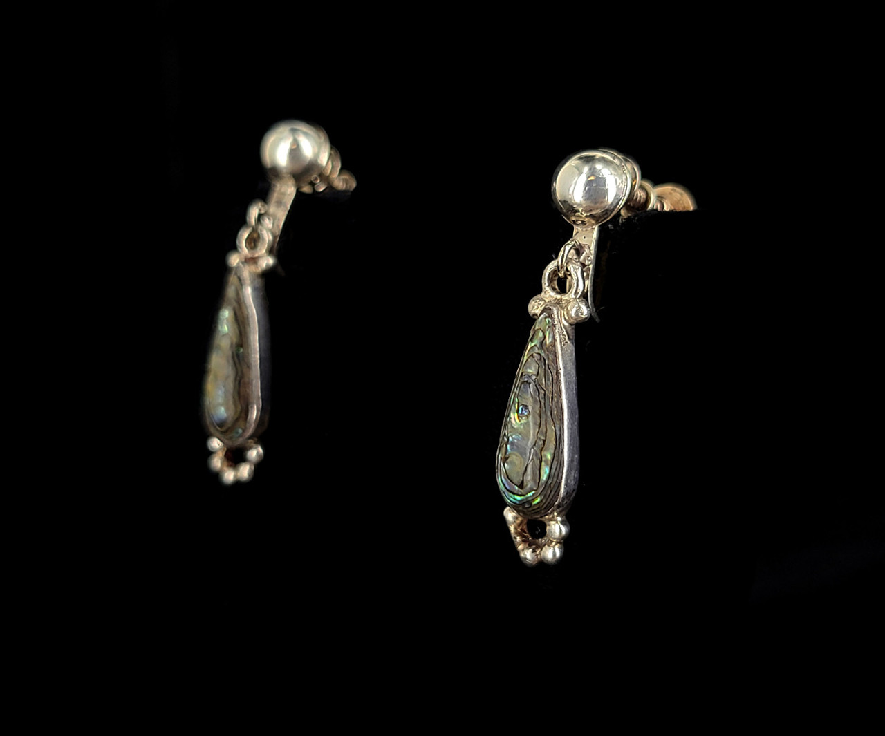 Vintage Pre-Eagle Taxco Mexico Abalone Teardrop Sterling Silver Screw Back  Earrings