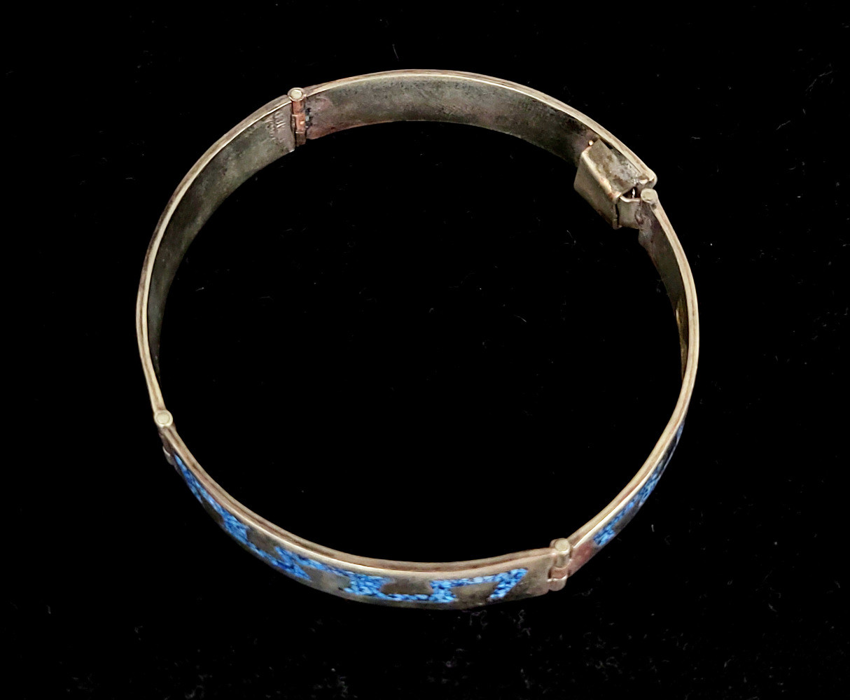 Vintage Mexico Mexican Alpaca Silver Turquoise Mosaic Inlay Bangle