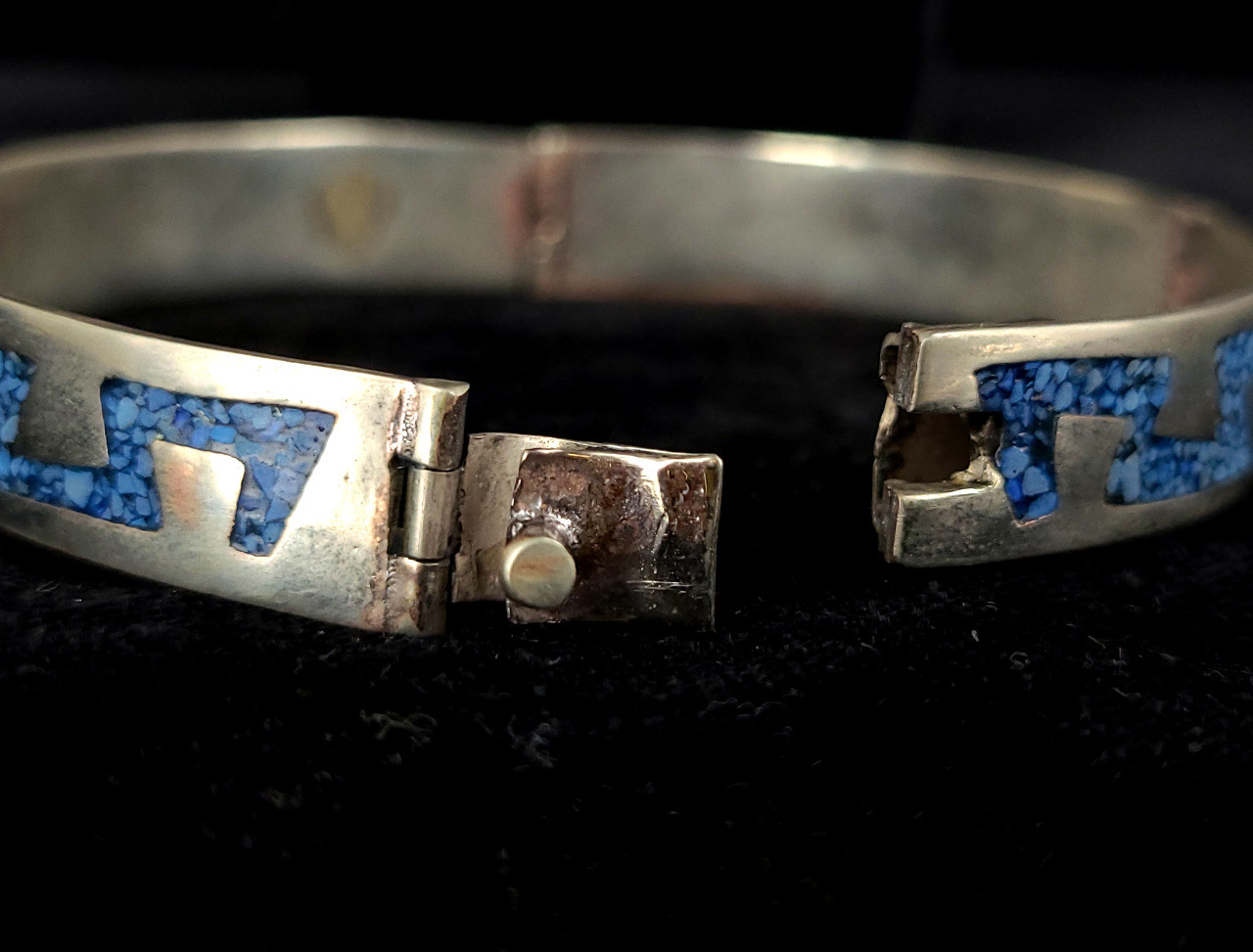 Vintage Mexico Mexican Alpaca Silver Turquoise Mosaic Inlay Bangle
