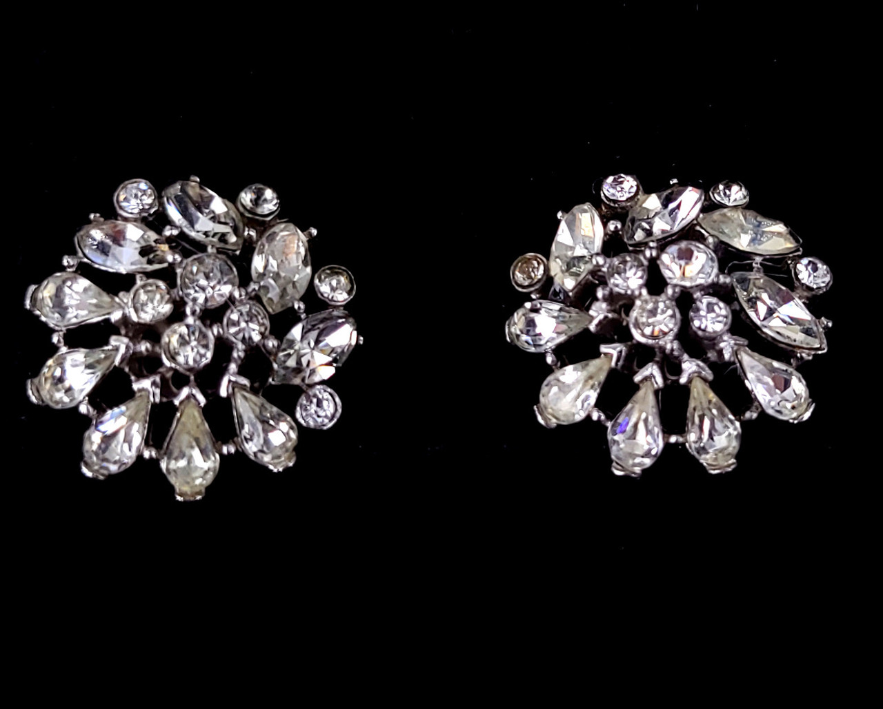 Vintage Trifari Alfred Phillipe Silver Tone Floral Rhinestone Clip On  Earrings 1”