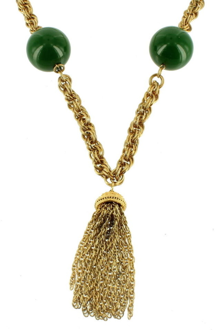 VINTAGE ACCESSOCRAFT NYC GOLD TONE CHAIN TWIST NECKLACE GREEN BALLS FRINGE  21\