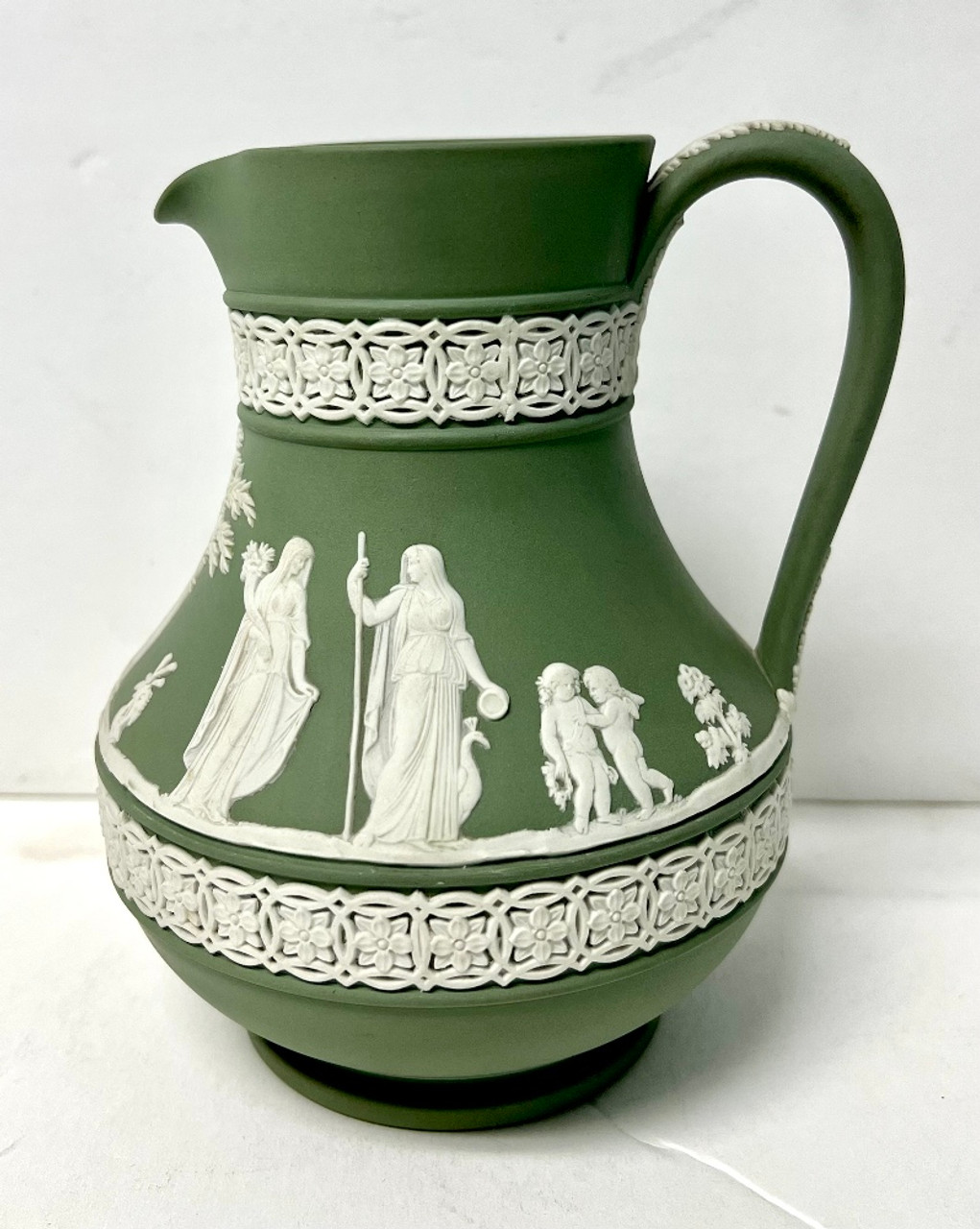 Antique Wedgwood England Cream on Celadon Green Jasperware 6” Etruscan Jug  1899