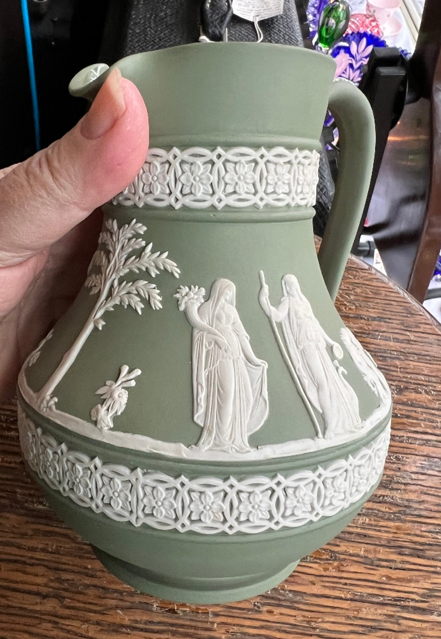 Antique Wedgwood England Cream on Celadon Green Jasperware 6” Etruscan Jug  1899