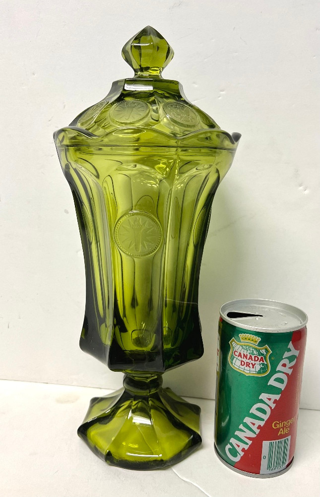 Vintage Mid-Century Fostoria Avocado Green Coin Glass Octagonal