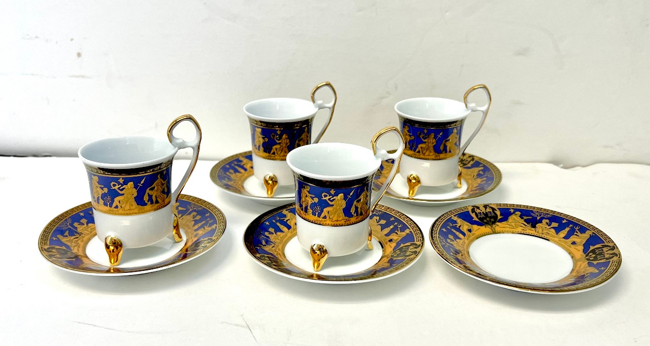 Vintage Porcelain Demitasse Set Blue & Gold Greek Design Yau Shing Laurel  Shield