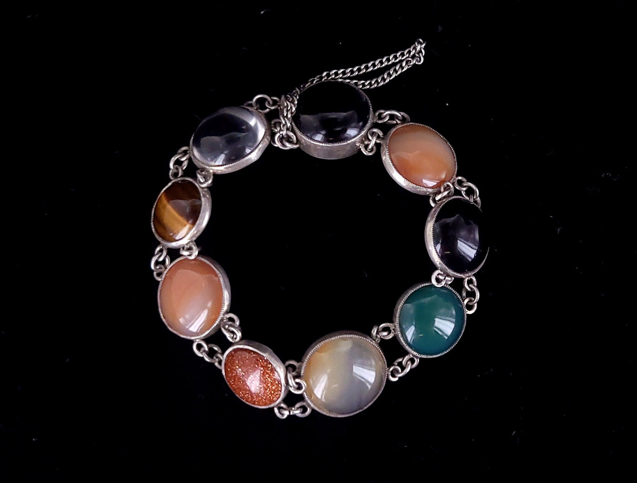 Antique Art Deco Sterling Silver Gemstone Cabochon Link Bracelet 7