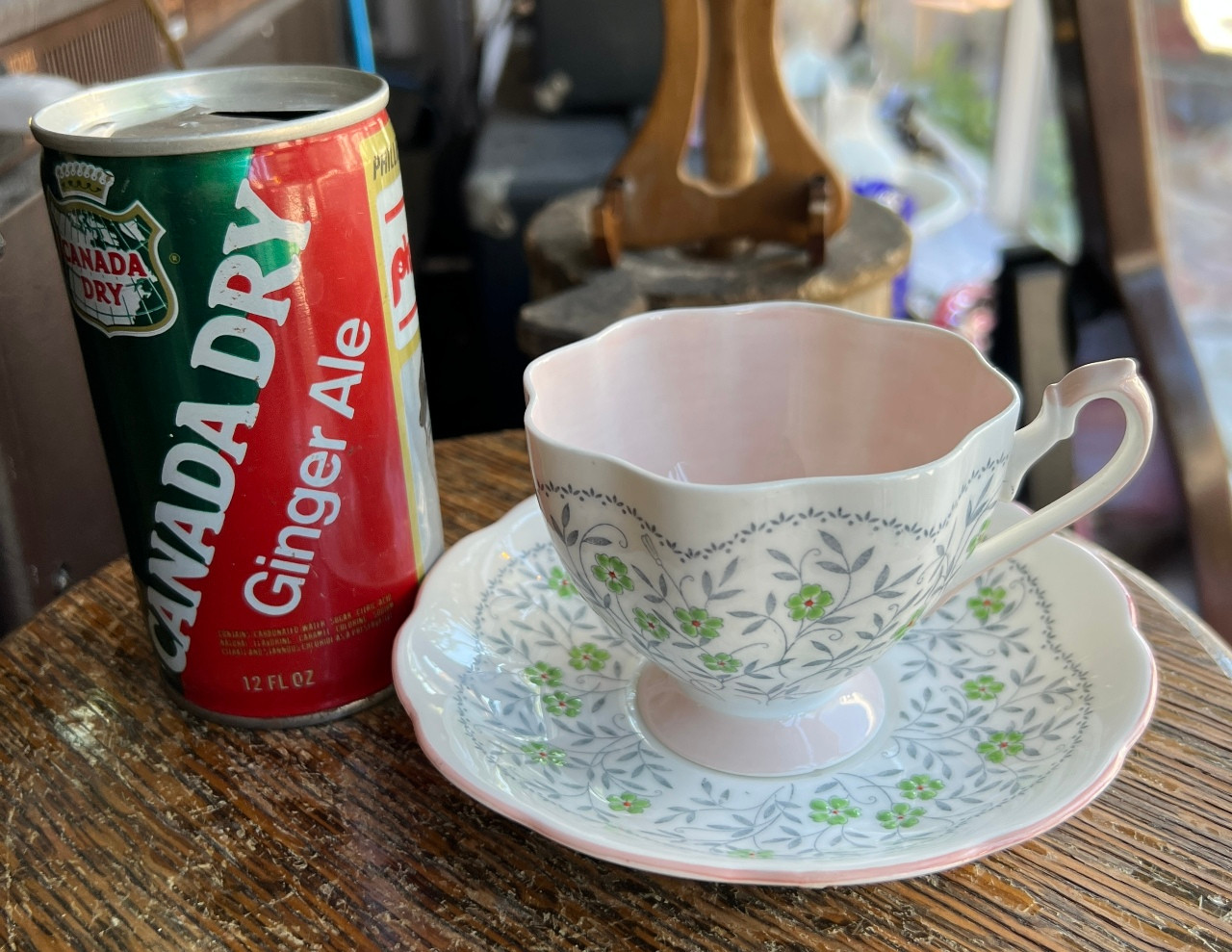 Vintage MCM Queen Anne Bone China Tea Cup and Saucer Green Flowers