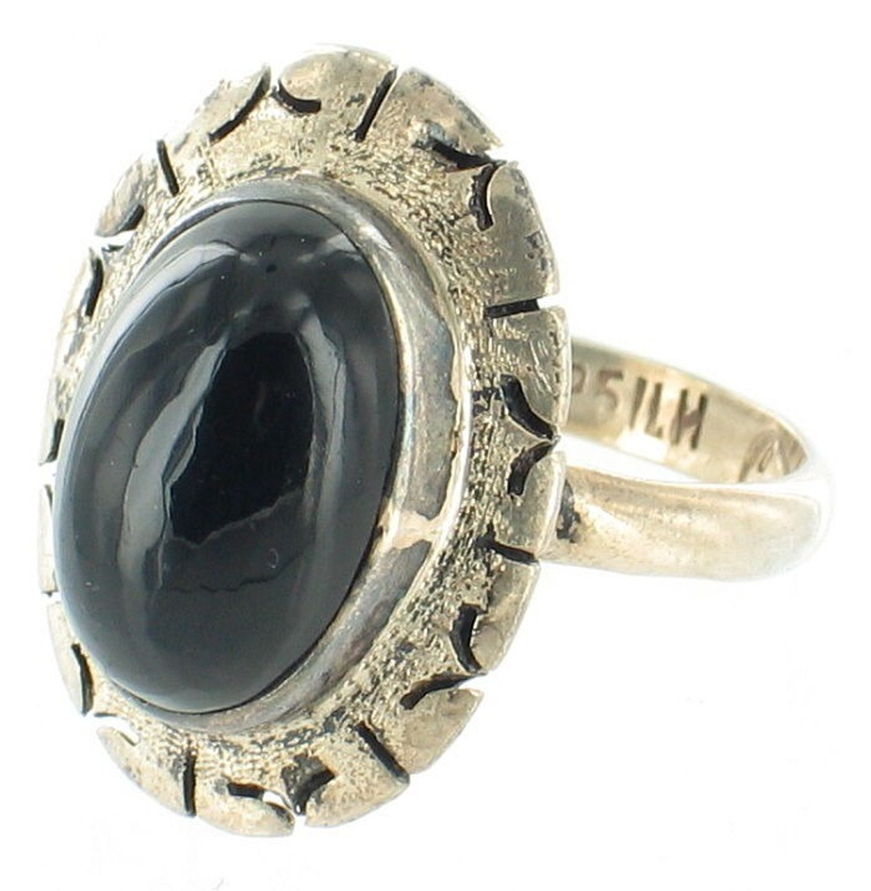 Vintage Sterling Silver Mexico Onyx Aztec Design Oval Cab Ring 6.5 Pretty!  1960s