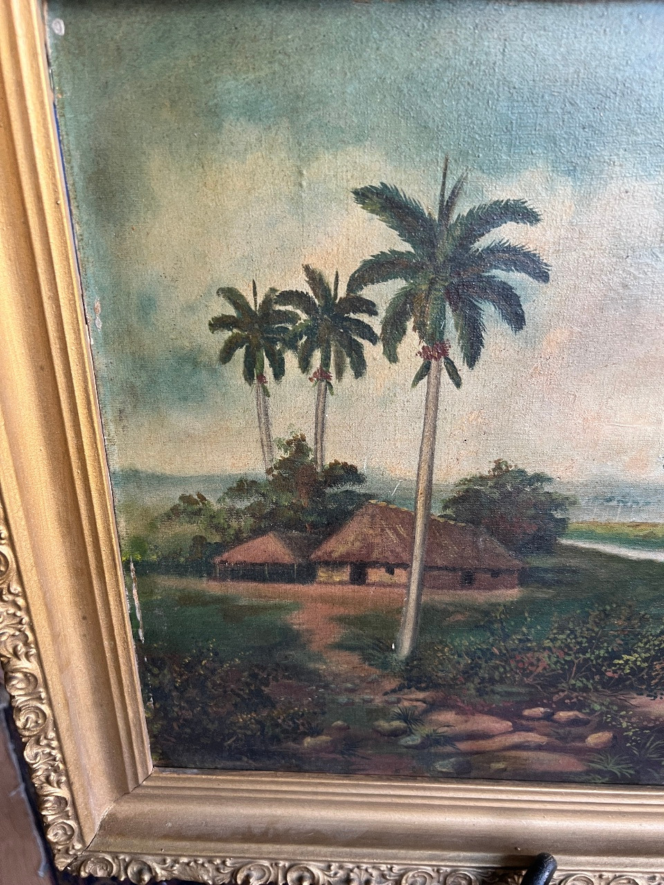 Antique 1819 Oil Painting Hawaii Tropical Palm Trees River
