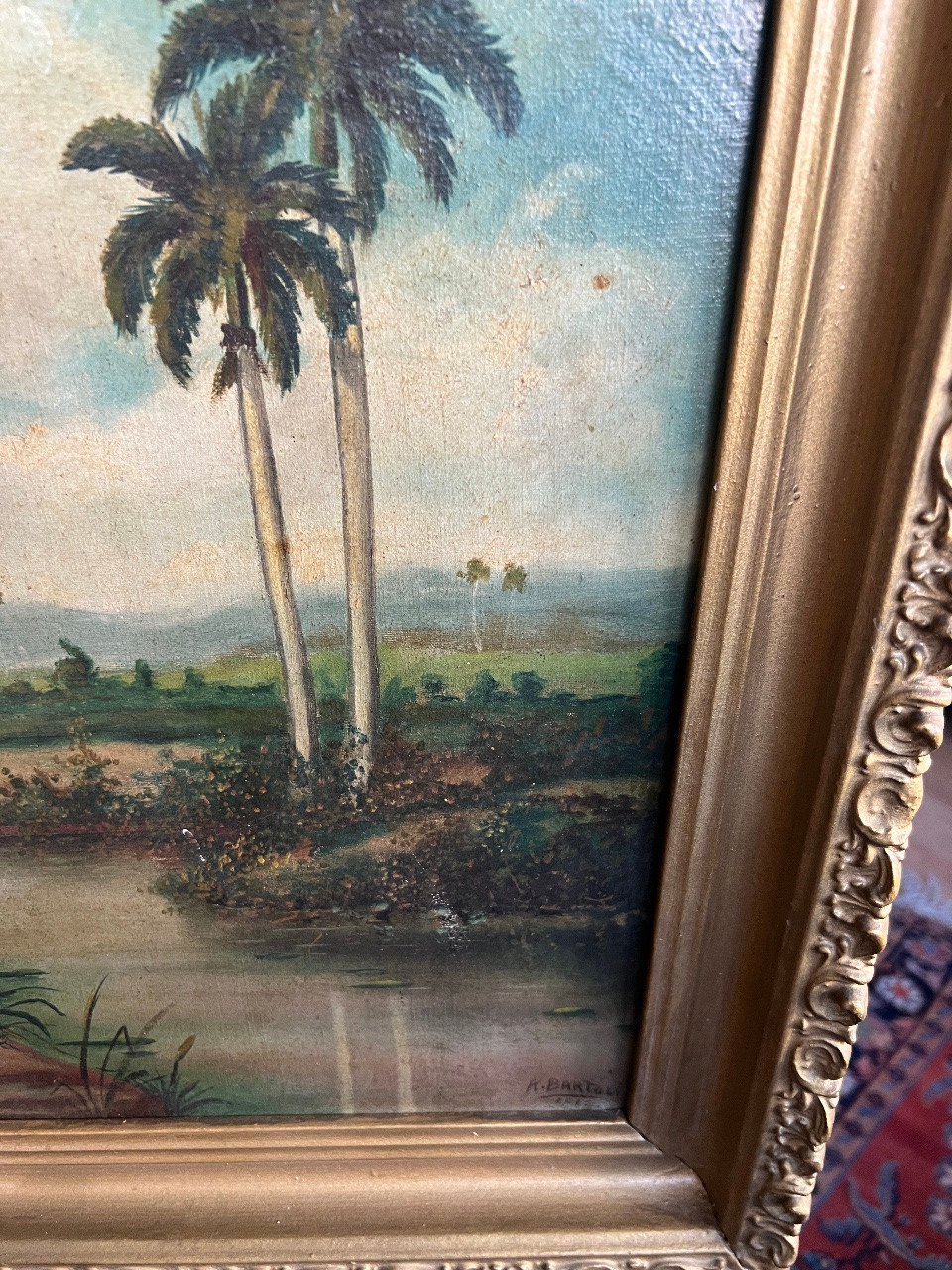 Antique 1819 Oil Painting Hawaii Tropical Palm Trees River