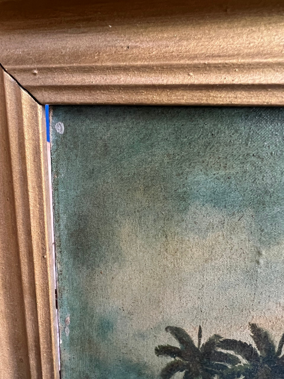 Antique 1819 Oil Painting Hawaii Tropical Palm Trees River