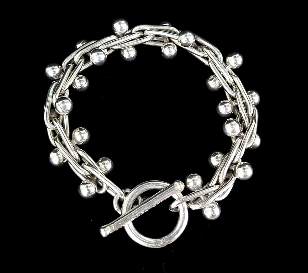 Vintage Sterling Silver Paperclip Taxco Mexico Thick Link Orb Ball Bracelet  7.5”