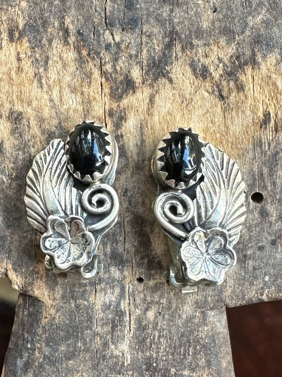 Vintage sterling silver concho earrings silver onyx Native American Indian  jewelry