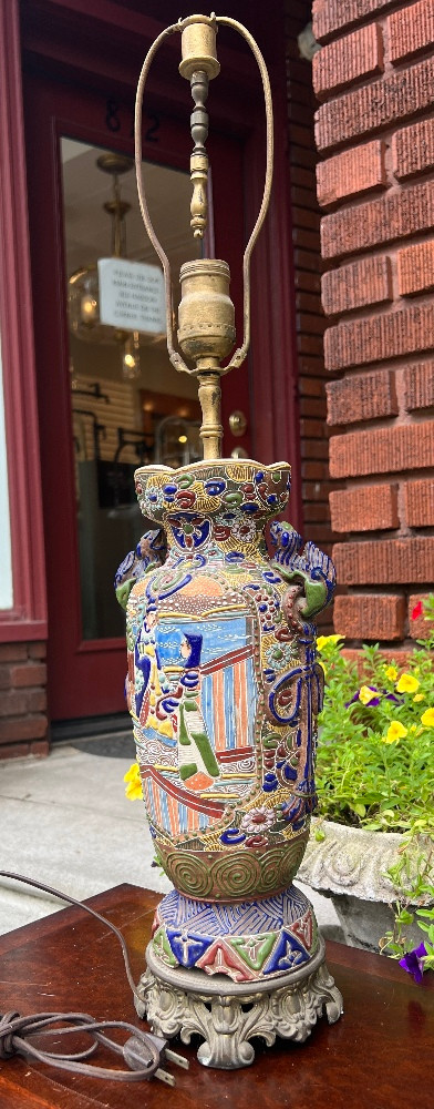 Antique Japanese Satsuma Thick Moriage Vase Lamp Samurai Colorful