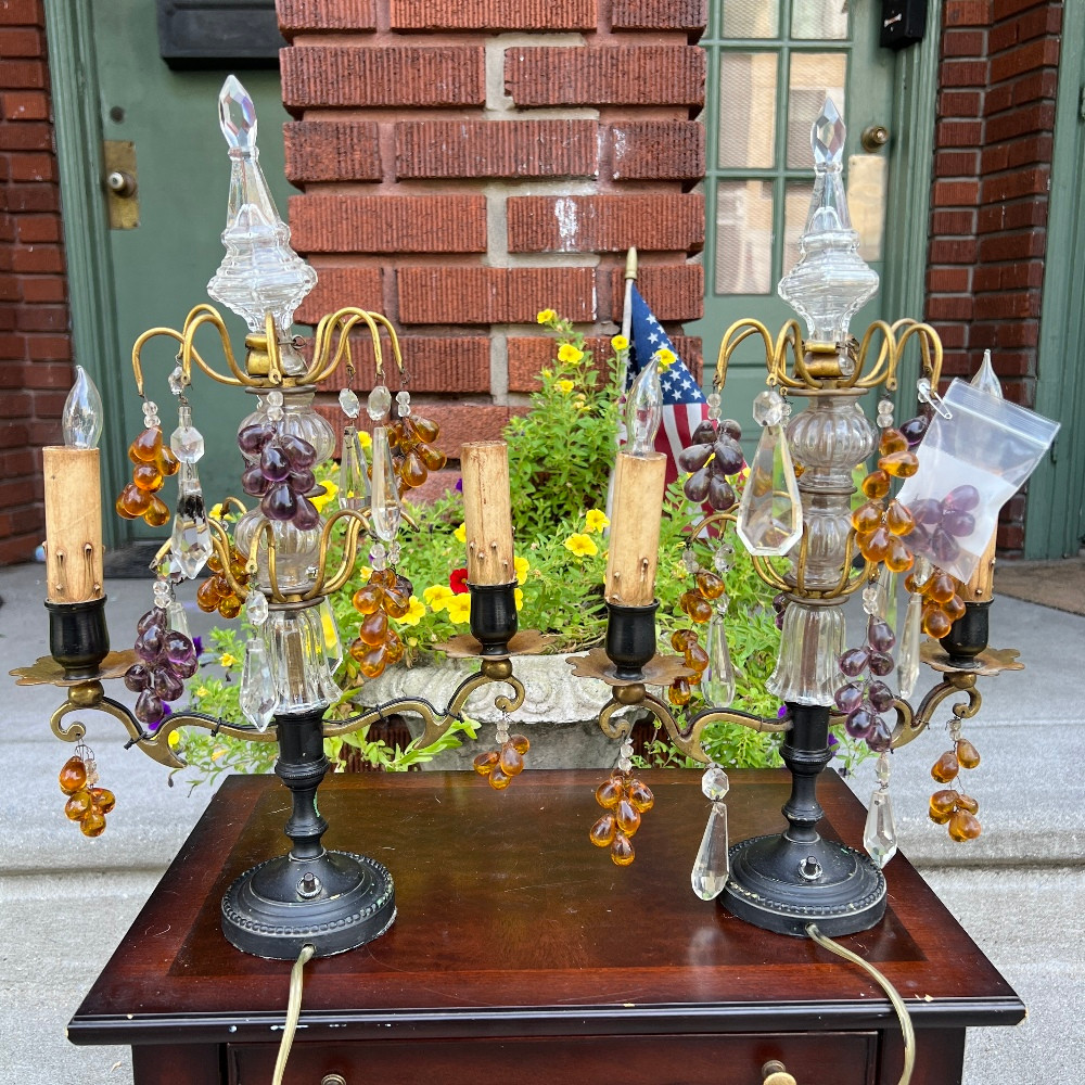 Antique French Crystal Bronze Candelabra Girandole Lamp Pair Grape
