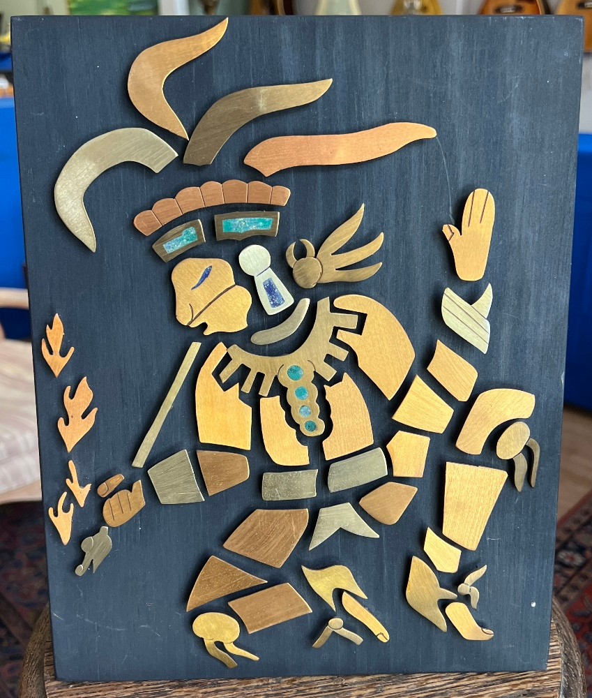 Vintage MCM Mexican Turquoise Inlay Copper Brass Wall Art Plaque