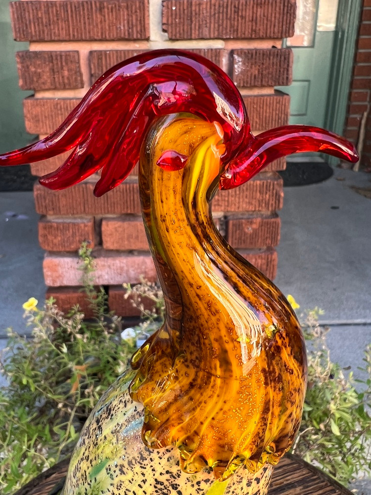 置物 Murano , antique Vintage MCM Murano Glass Rooster Uranium Amberina ~ Somerso 50's