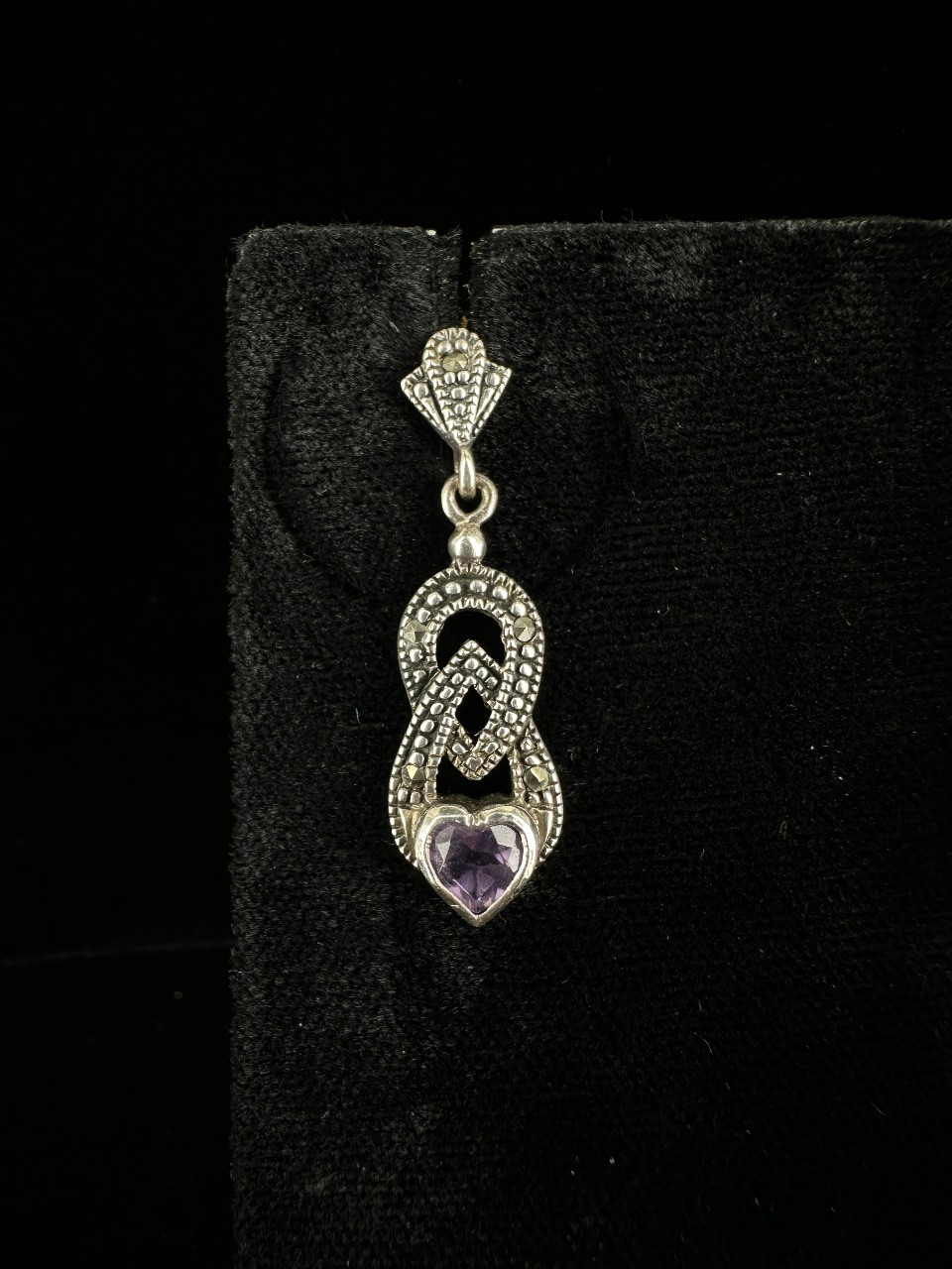 Vintage Sterling Marcasite Heart Cut Amethyst Dangle/Drop Earrings