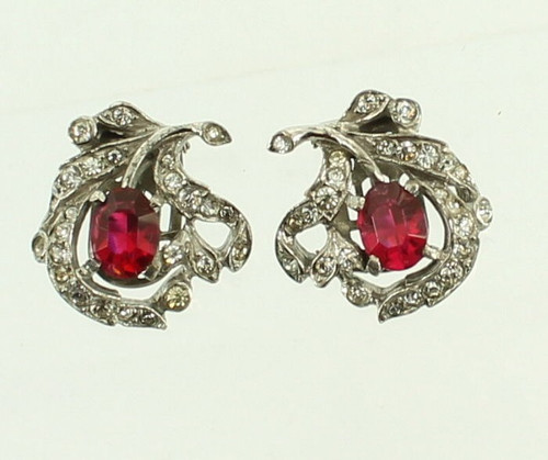 Vintage WWII  Crown Trifari Sterling Alfred Philippe Ruby Crystals RS Earrings