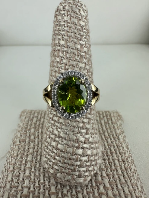 Vintage MCM 14k Gold Peridot Diamond Halo Rainbow Gem Gallery Ring 8.25