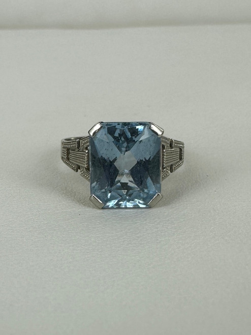 Antique Deco 14k White Gold Emerald Step Cut Natural Sky Blue Spinel Ring 4.5