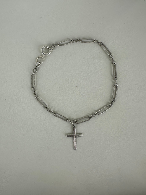 Vintage Art Deco Style Sterling Religious Cross Charm Paperclip Chain Bracelet